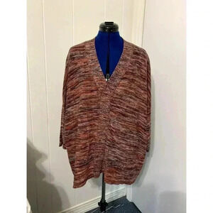 Pure Jill Chunky Knit 3/4 Sleeve Red & Brown V Neck Tunic Sweater Large Grandma